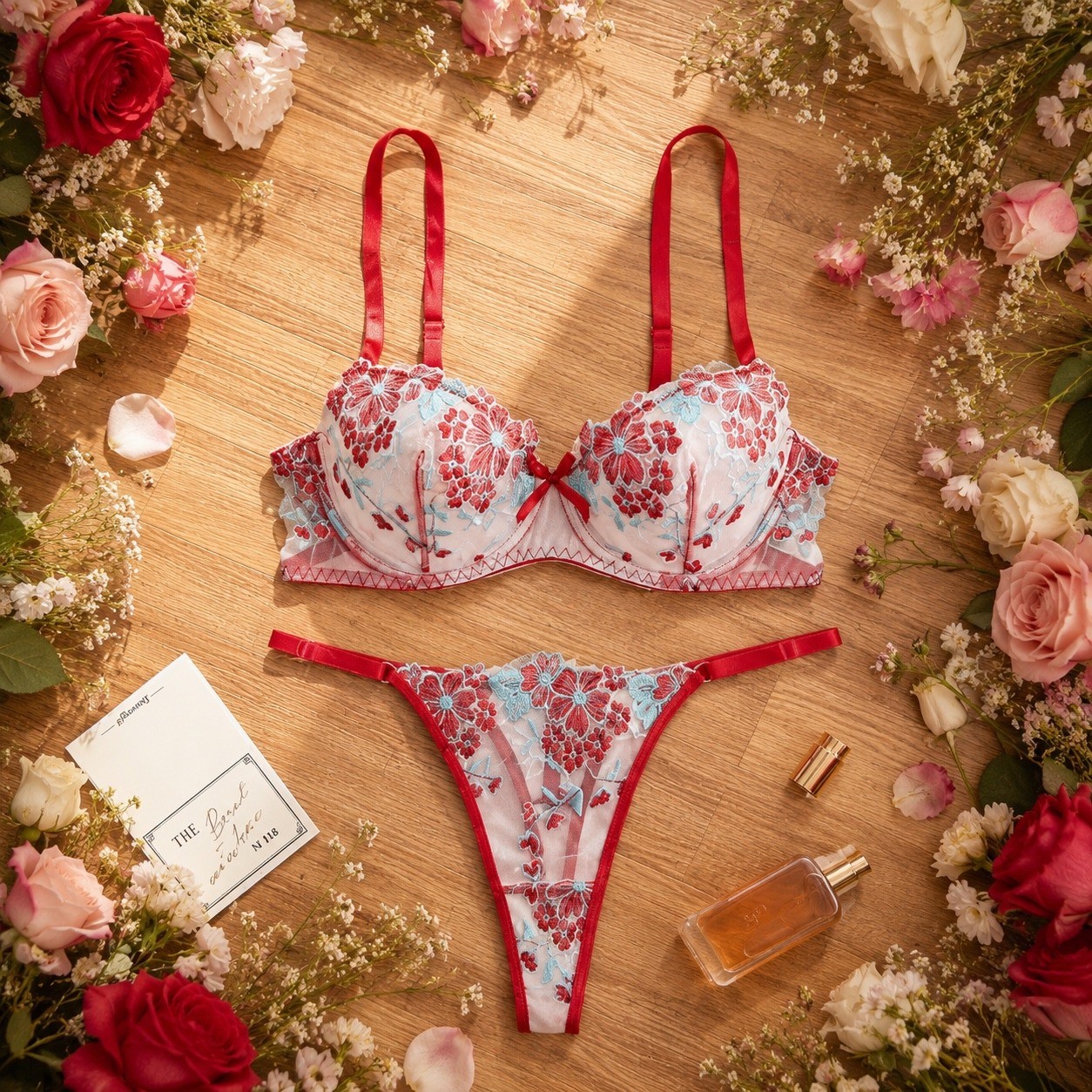 Red Floral Embroidered Lingerie Set Women’s Bra & Thong Sheer Lace L