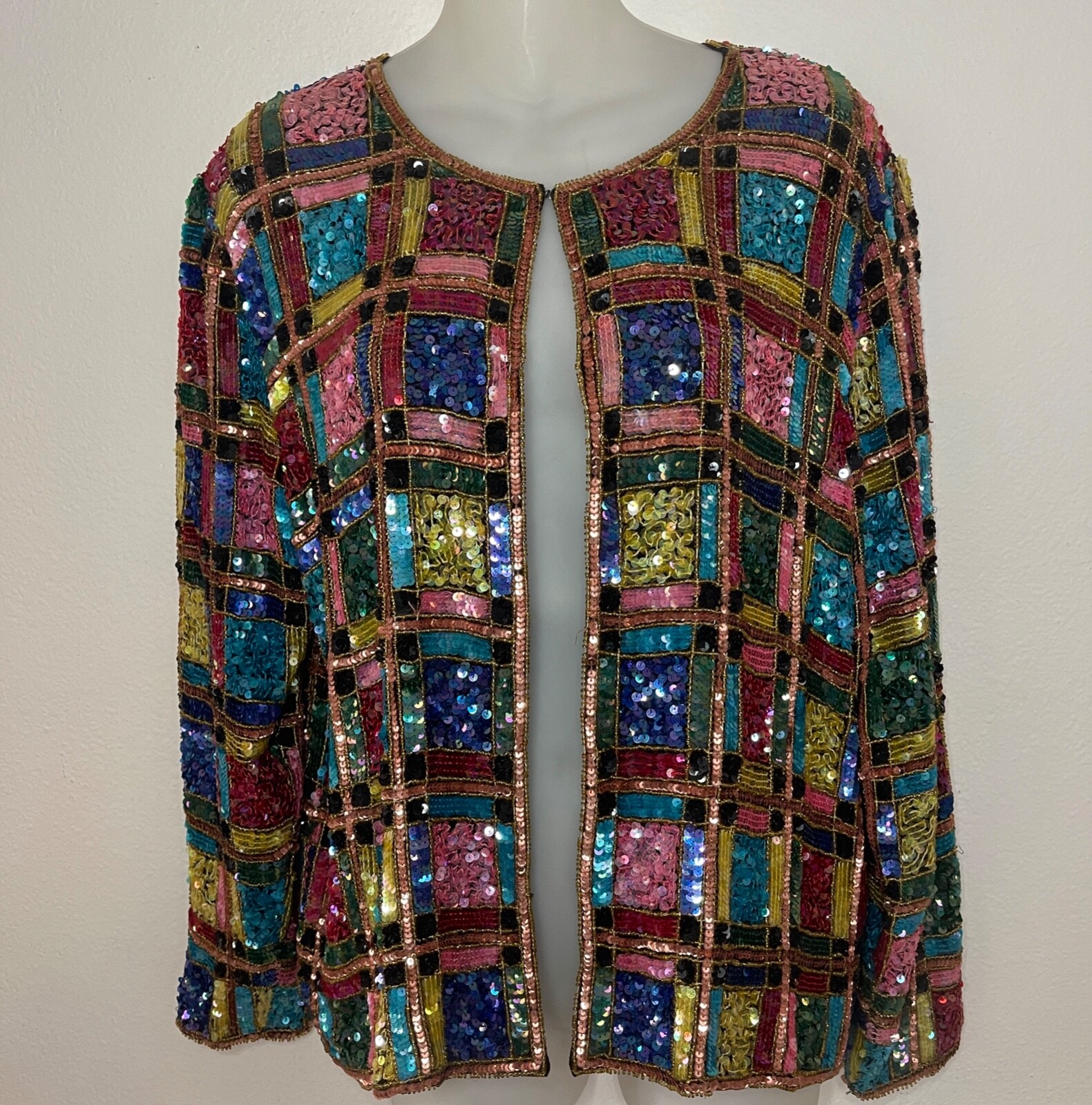 Channa Evening Jacket Sequin Embellished Silk Color Block Party Top VTG 80s M