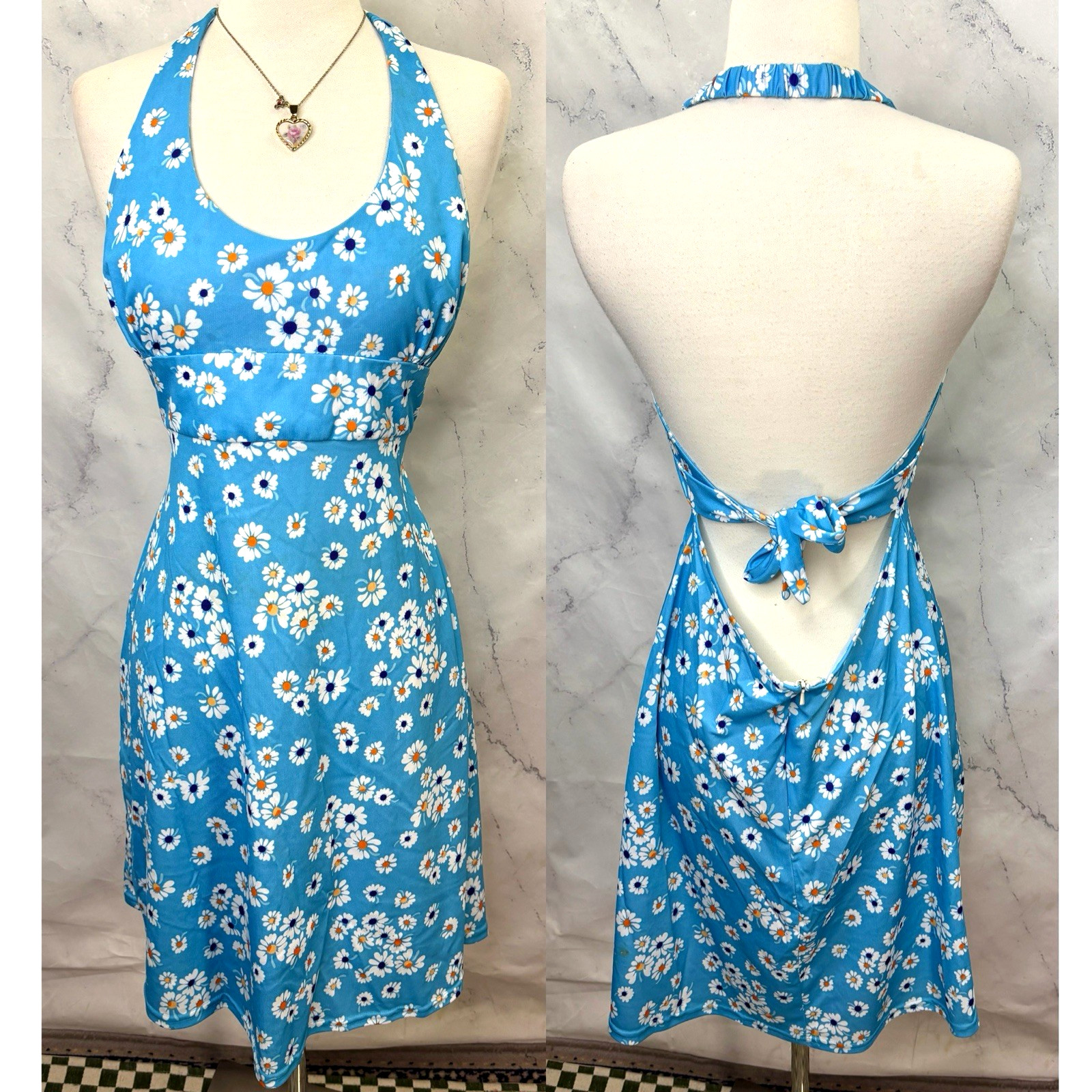 Vintage 70s Halter Babydoll Mini dress Mod Flower power M Women’s V-Neck blue