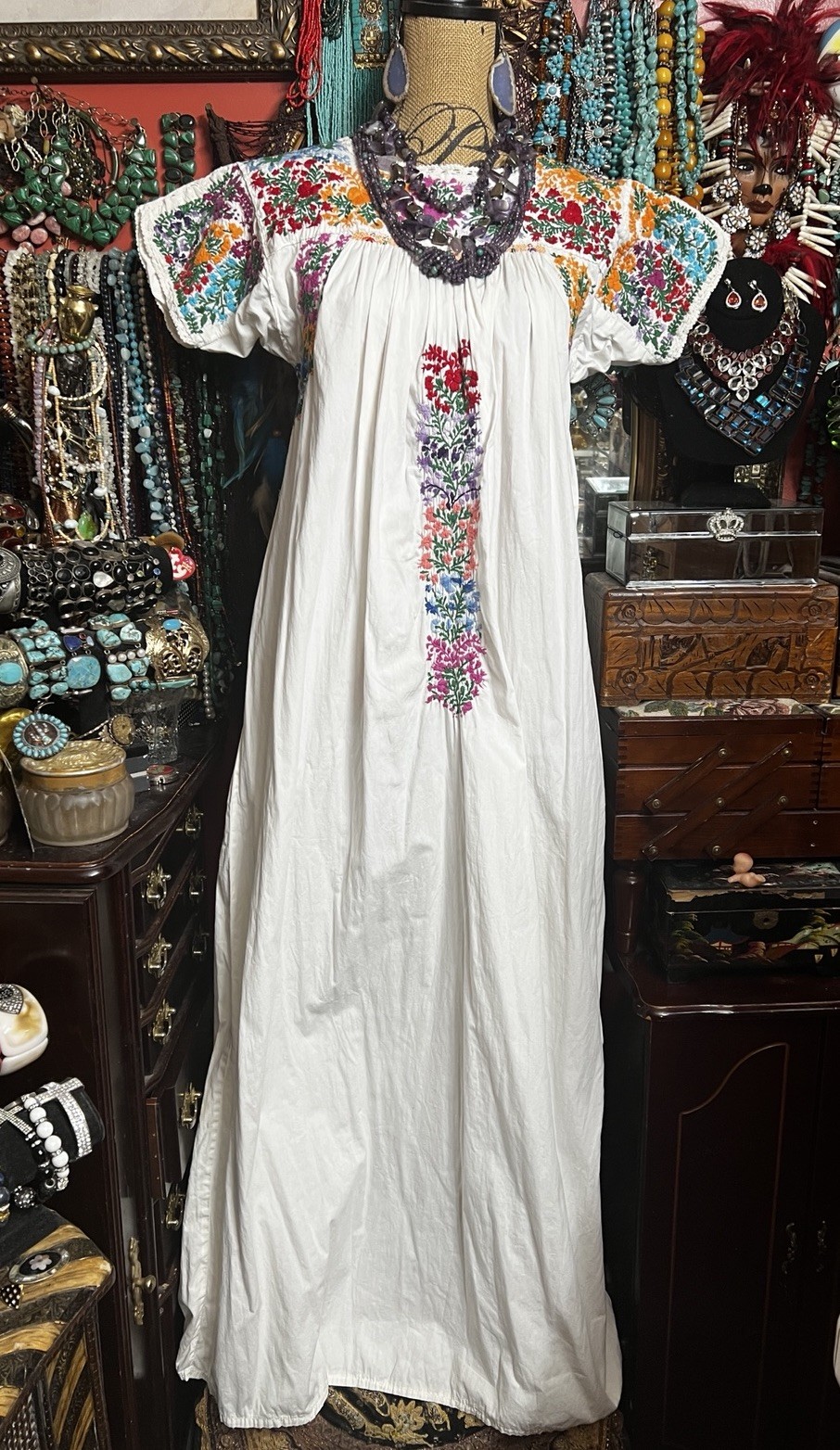 Beautiful 1970s Oaxacan White Dress Multi Color Embroidery White Crochet M/L