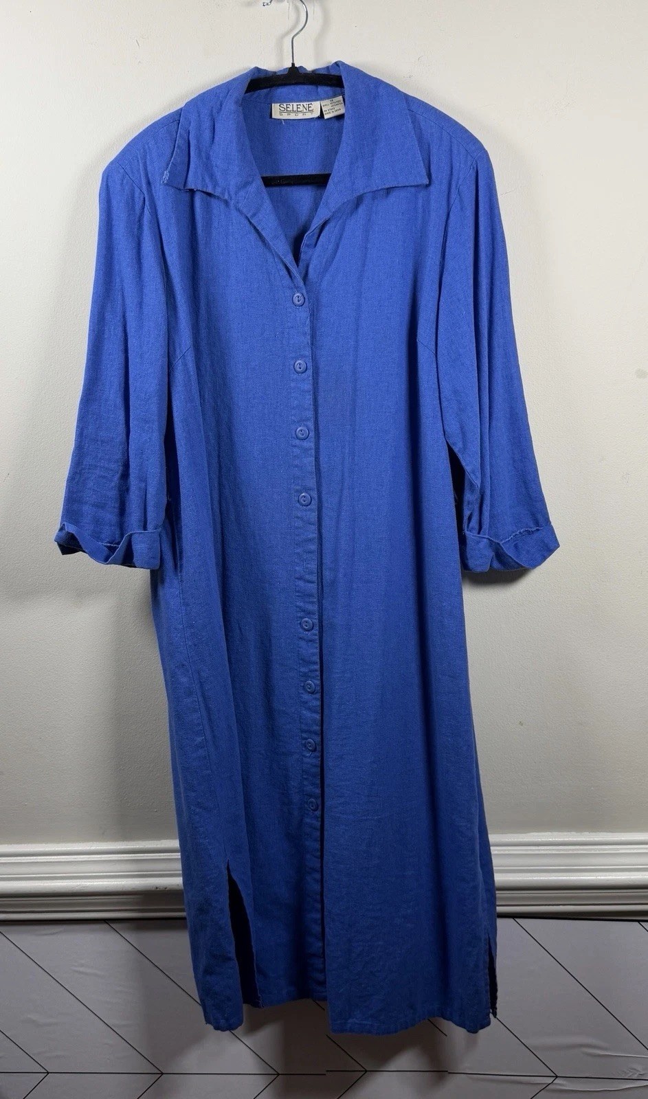 VTG Selene Sport Women Button Up Collar Dress 1X Blue Short Sleeve Linen Cottage