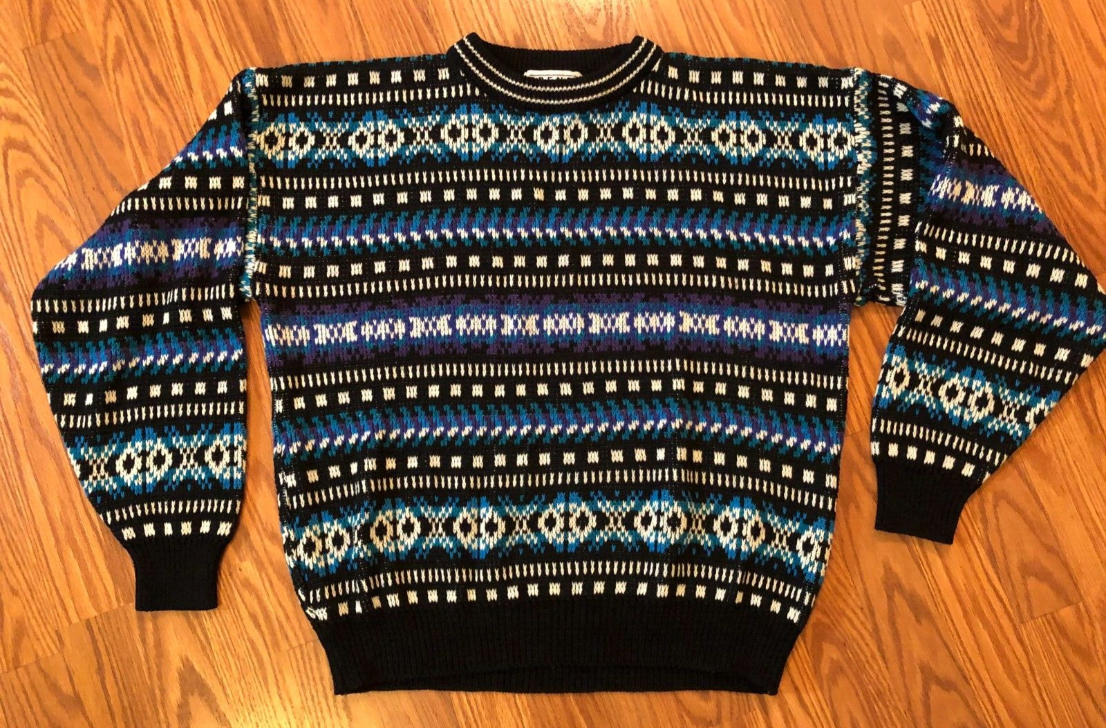 VTG 80s-90s Trend Basics Women’s Knit Sweater – Blue Black Purple Strips Size L