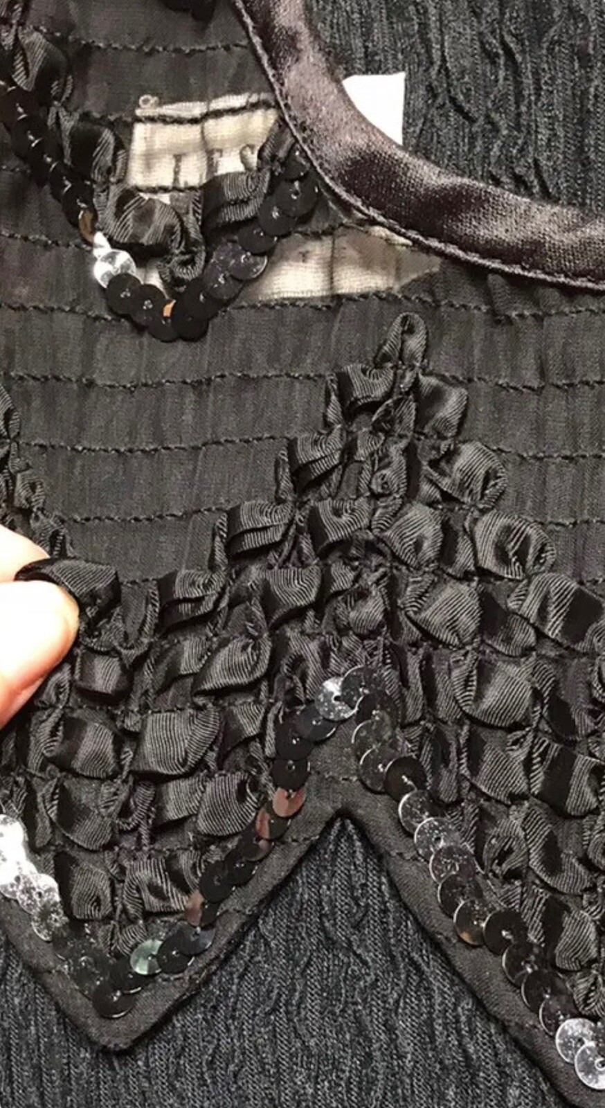 Vintage 80s Leslie Fay Petite Smocked Sequin Black Dress Short Sleeve 4 P Small