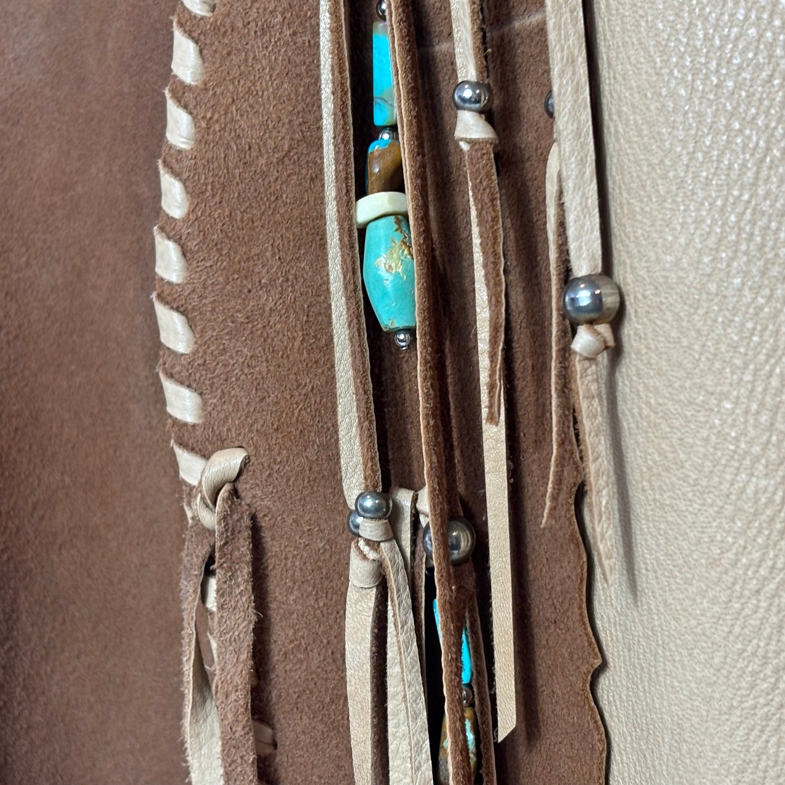 Blue Bonnet Rose Leather Brown & Tan Vest Fringed Turquoise Beads Boho Western