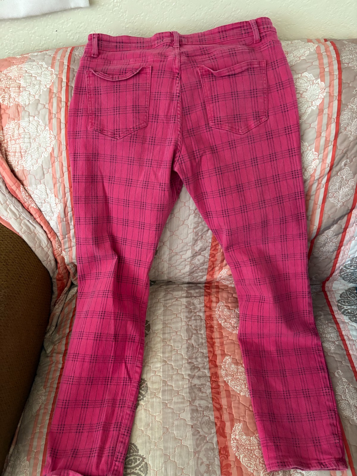 Vintage ABSECAI Pink Plaid Pants – Size 38 – Stretch Cotton Skinny Fit