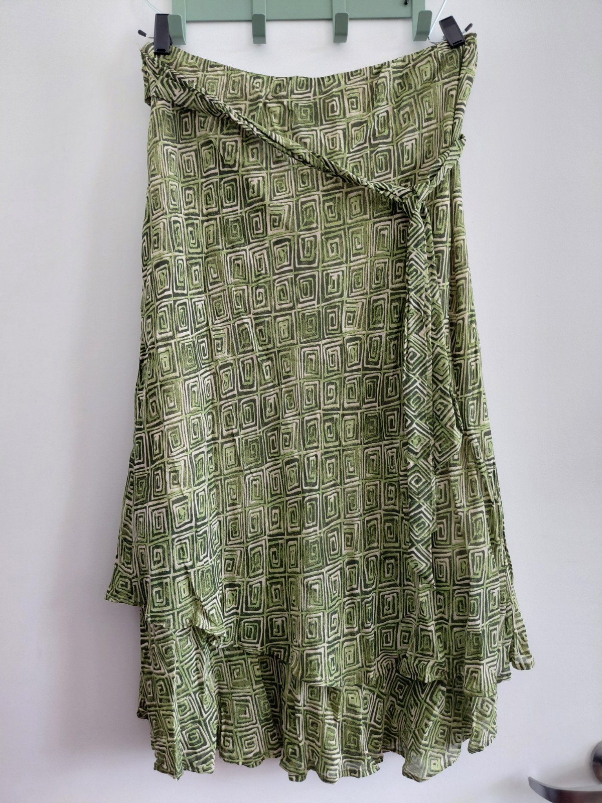 Vintage Midi Skirt Green Tie Waist Whimsical Abstract Geometrical Design Sz 12