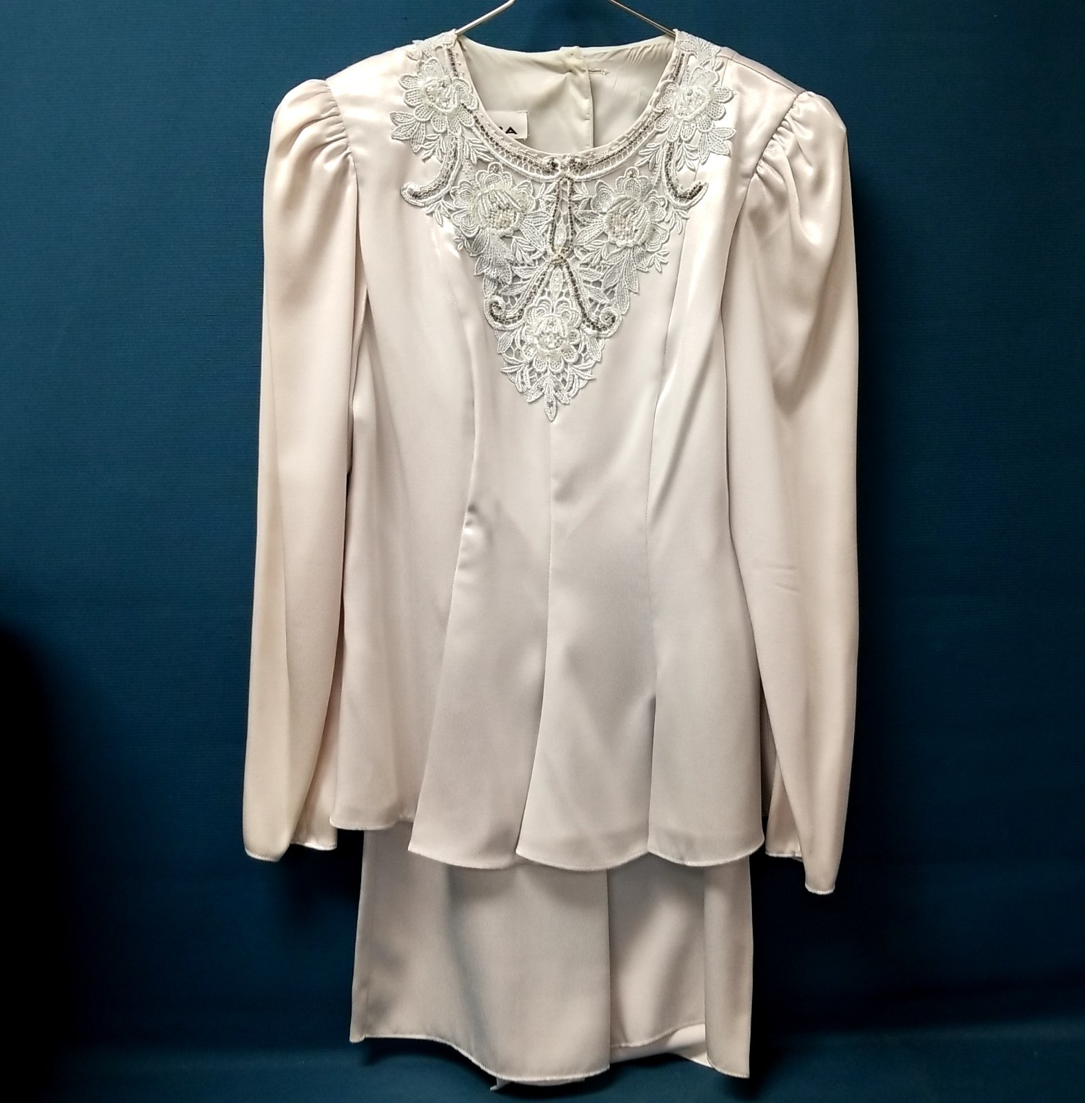 Vtg Patra Blue/Silver Satin Beaded Blouse Top & Skirt Evening Set Women’s Sz 6