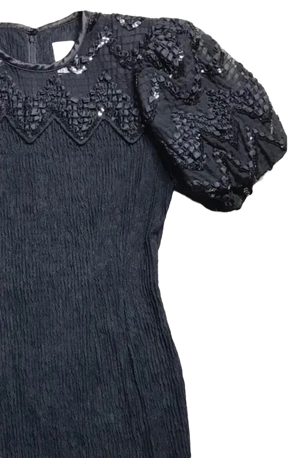 Vintage 80s Leslie Fay Petite Smocked Sequin Black Dress Short Sleeve 4 P Small