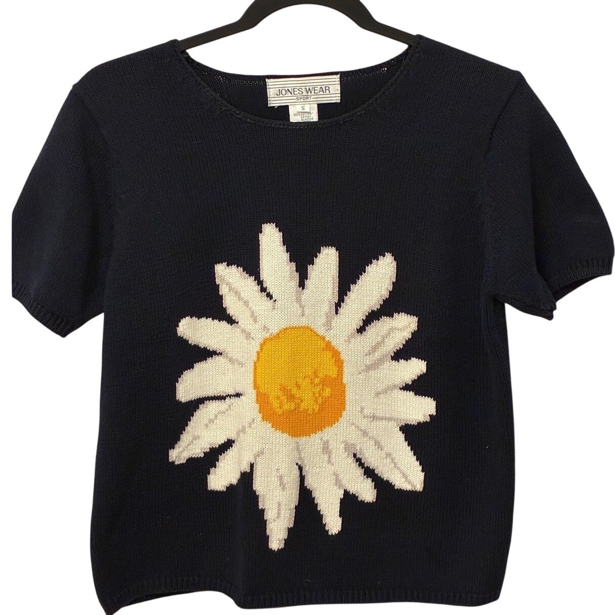 Vintage Cottage Core Navy Blue 100% Cotton Daisy Image Knit Top Small
