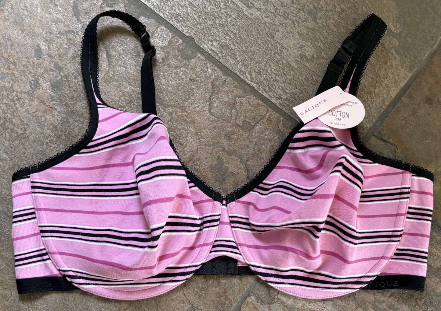 CACIQUE 44DD Pink Striped Molded Cup Cotton Stretch Underwire Demi Bra NWT NEW