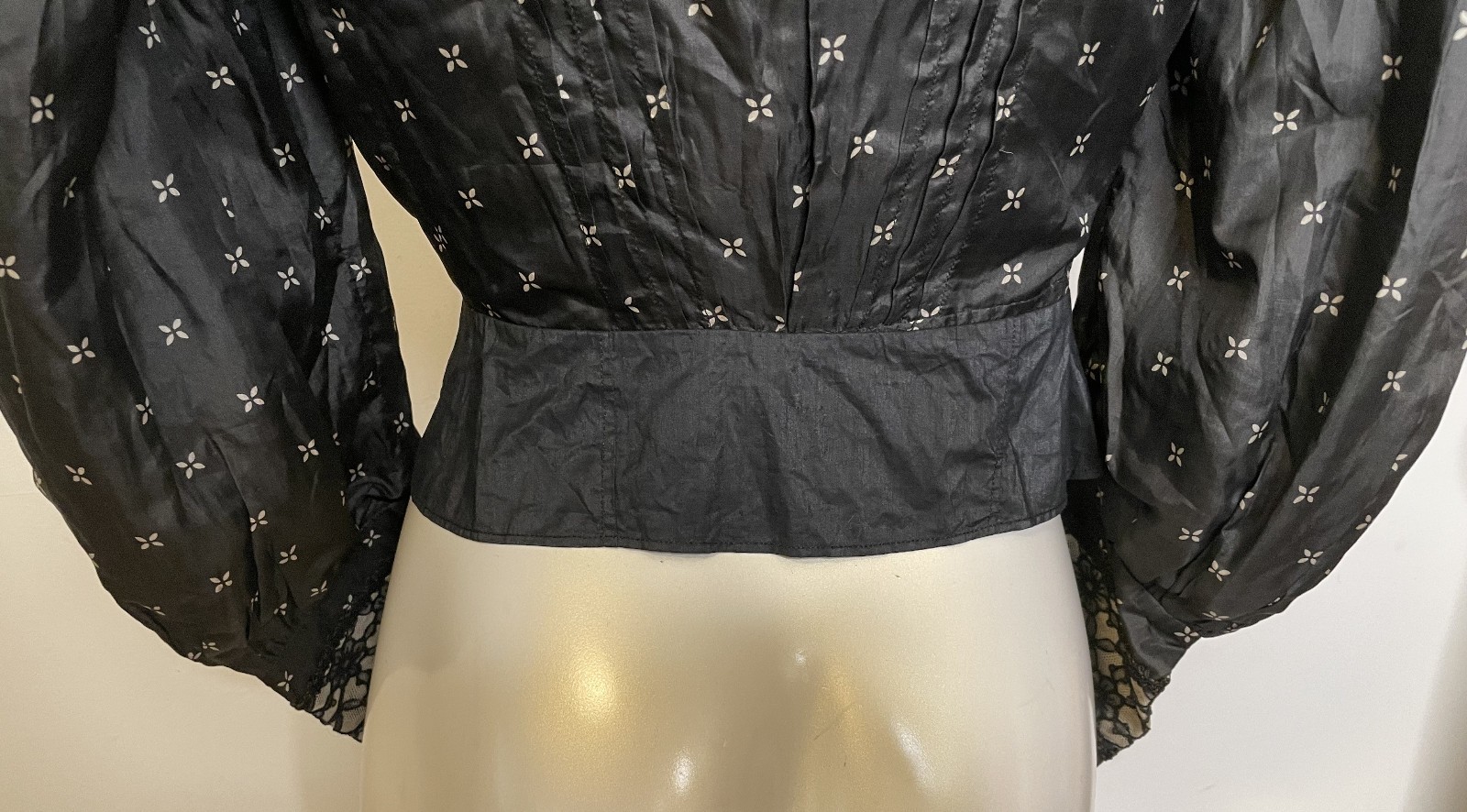 Antique Victorian Black Silk Top Blouse S Bodice Bishop Sleeves Lace Trim Peplum