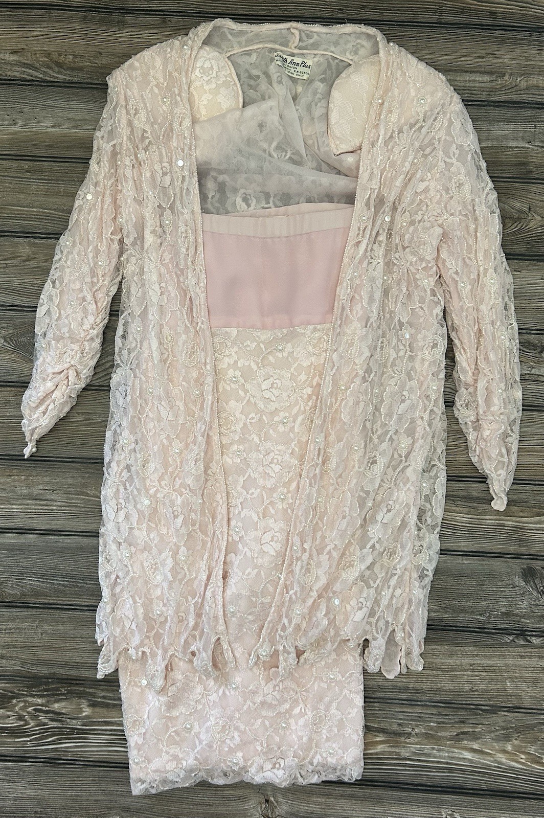 Vintage Judith Ann Plus Creations Beaded Sequin Lace Blush Pink 2 Piece 16-18
