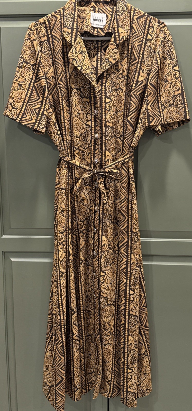 Leslie Fay Vintage 90s Maxi Dress Size 16 Black/Brown Geometric Paisley