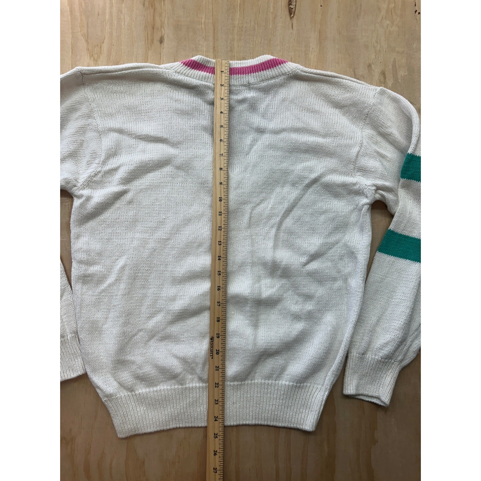 Vintage Forenza Sportswear V-Neck Sweater White Pink Blue Green Stripes Large