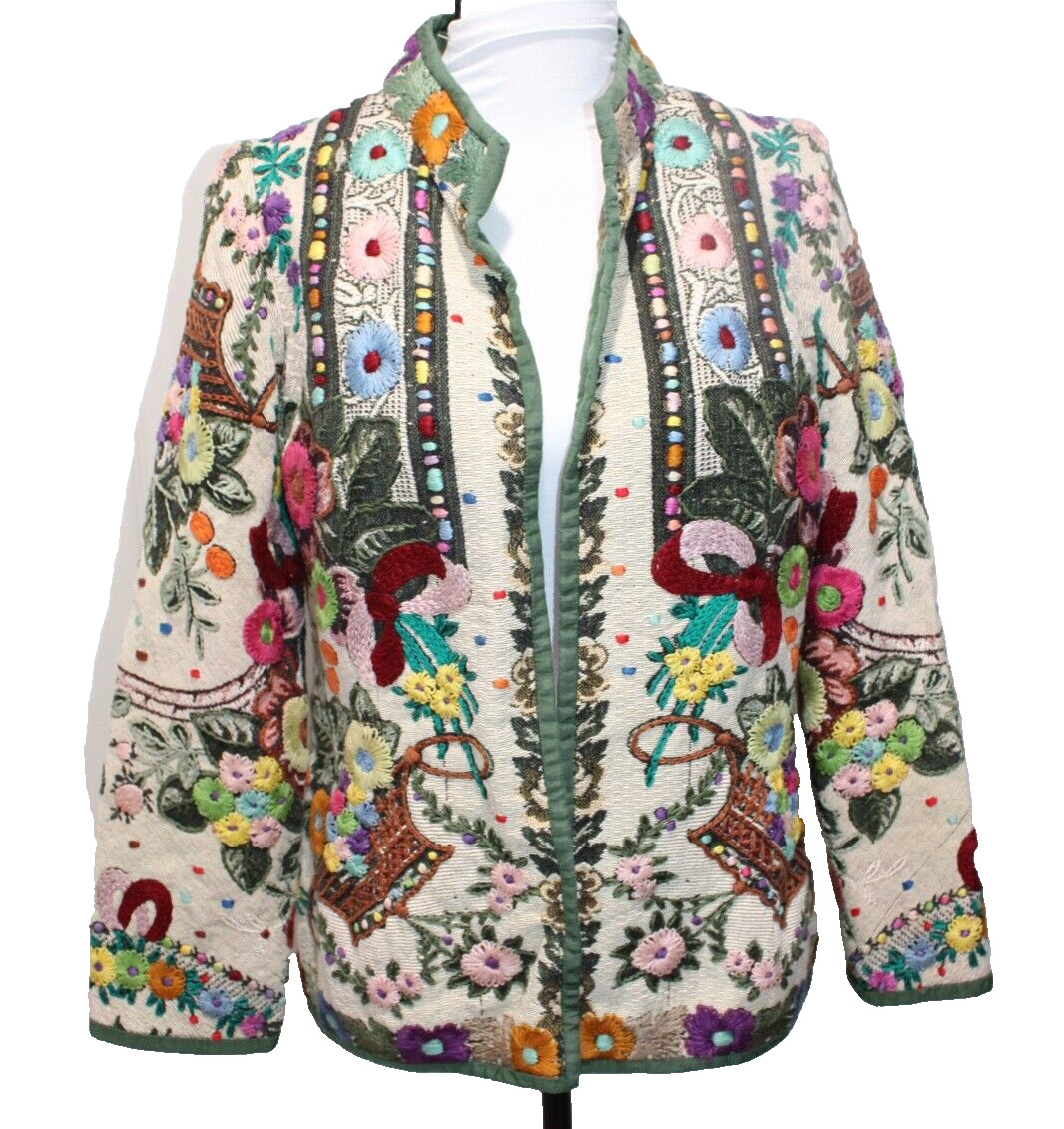 Vintage Embroidered Brocade Jacket Boho Open Front Stitch Detail Blazer 1960s