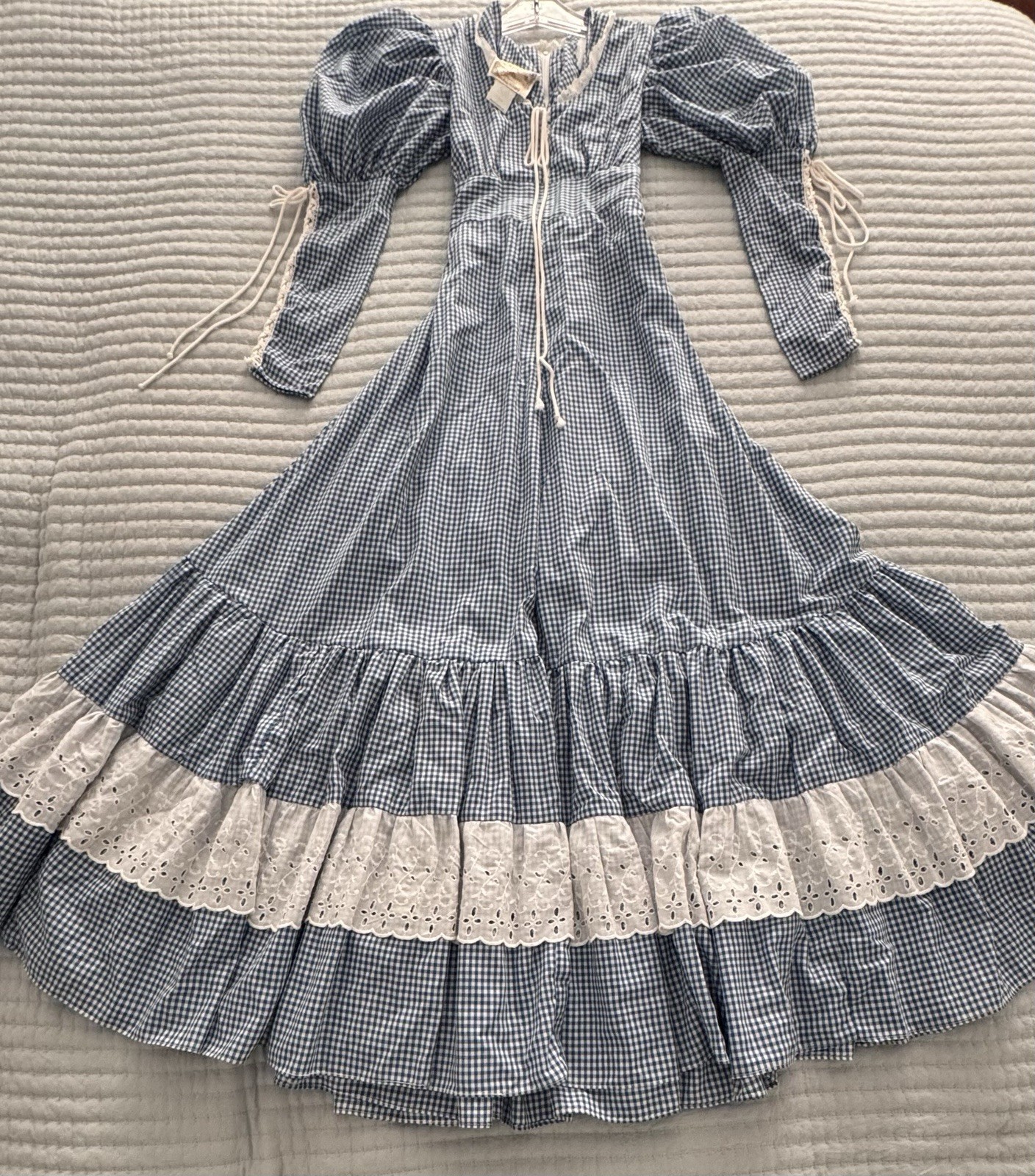VTG 70s Gunne Sax Gingham Maxi Prairie Dress Juliet Sleeves Cottagecore Size 11