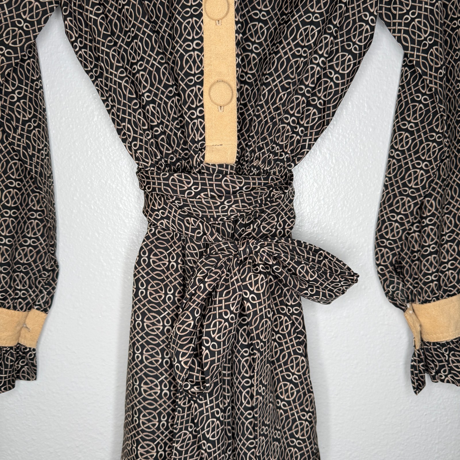 Vintage Shirtdress 70s Lillie Rubin Suede Trimmed Printed Belted High Collar SM