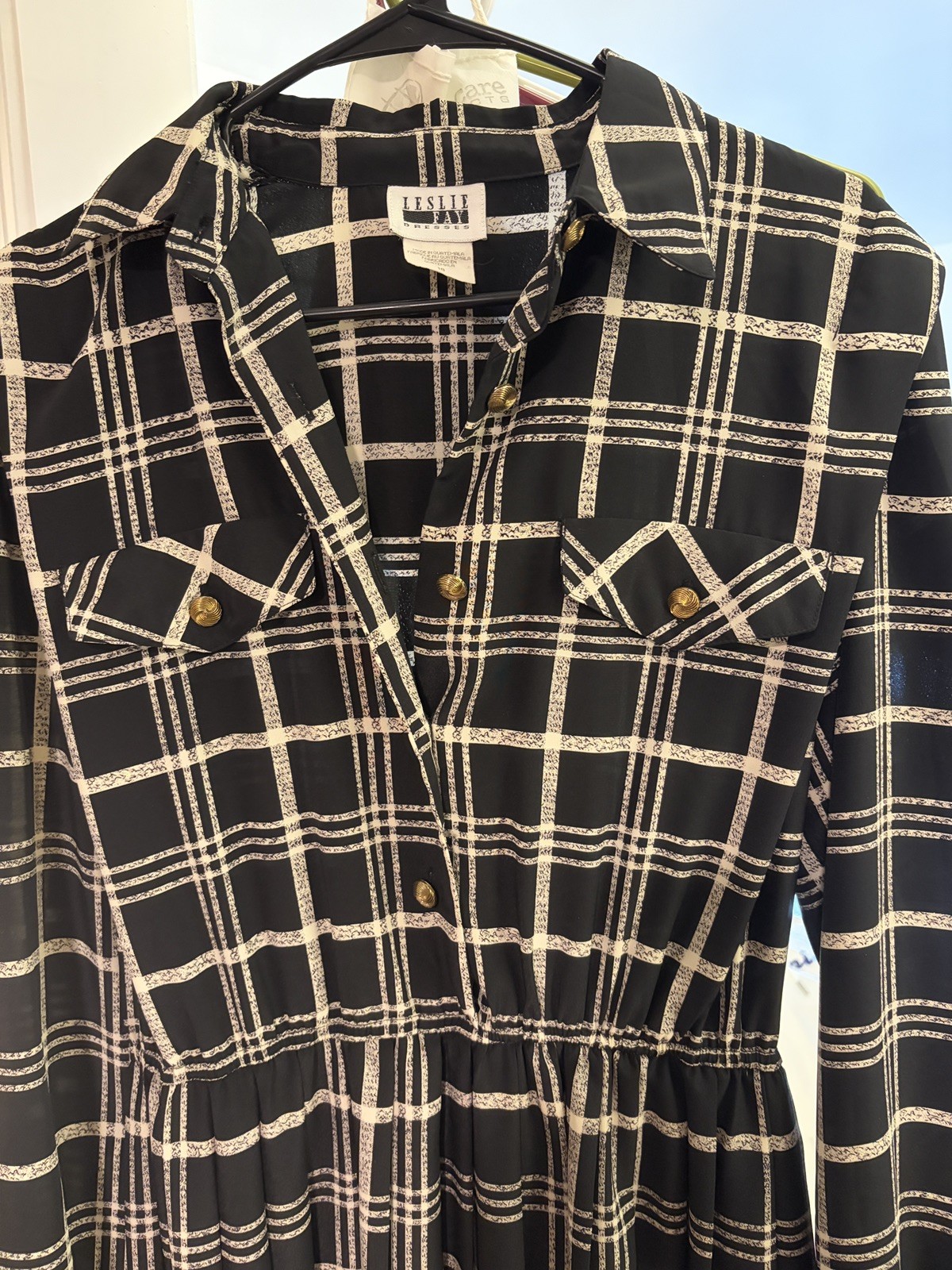 Vintage 80s Leslie Fay Black White Checkered Plaid Midi Shirtdress Pleated 10