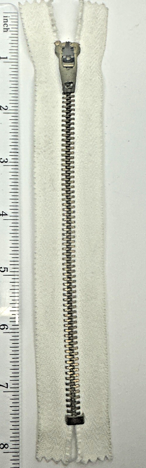 Vintage 7 Inch White Brass Metal Closed End Zipper NOS