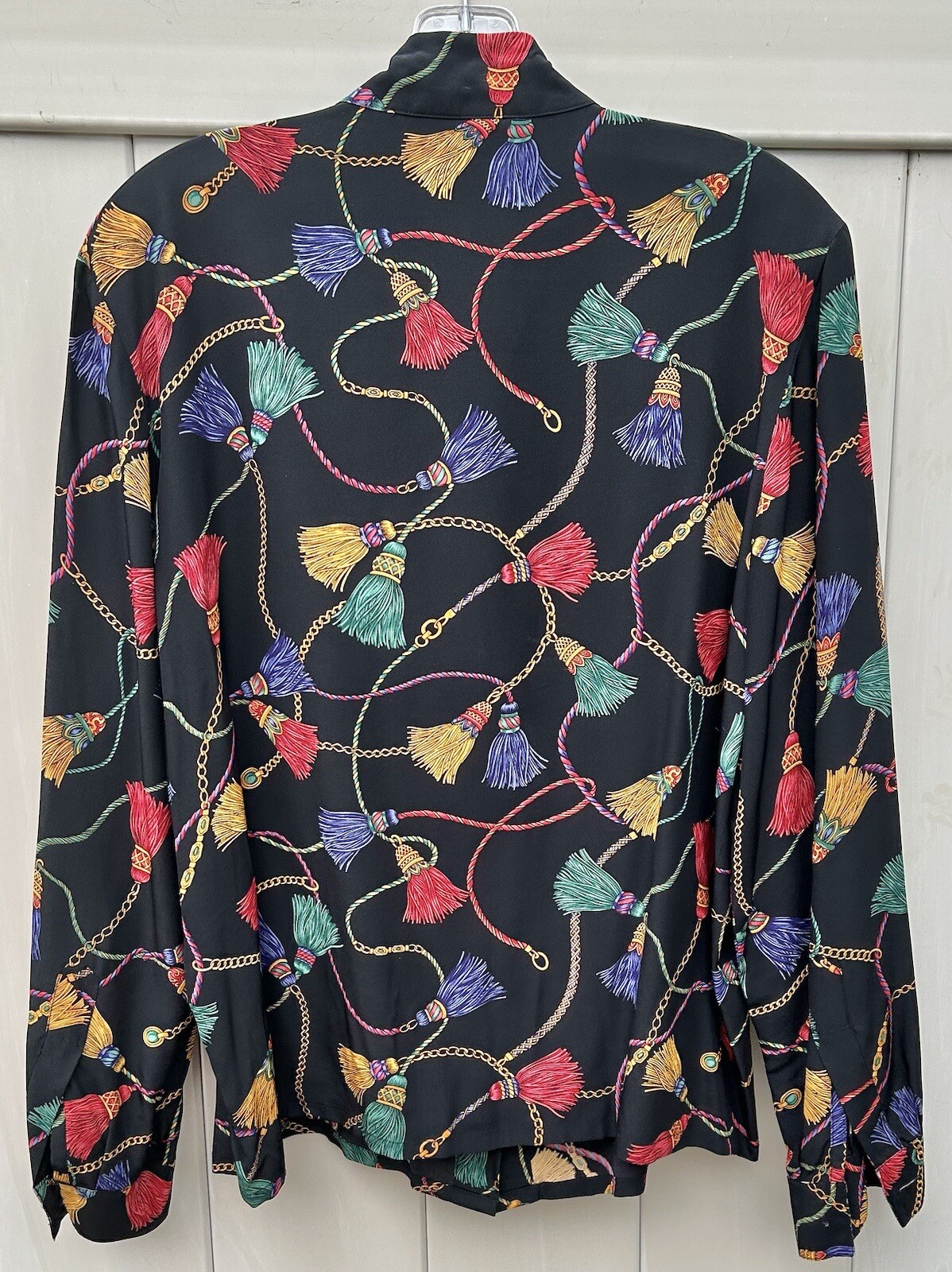 TALBOTS Vintage 80s Tassels Chains Ropes Black Silk Blouse Size 10 M Renaissance