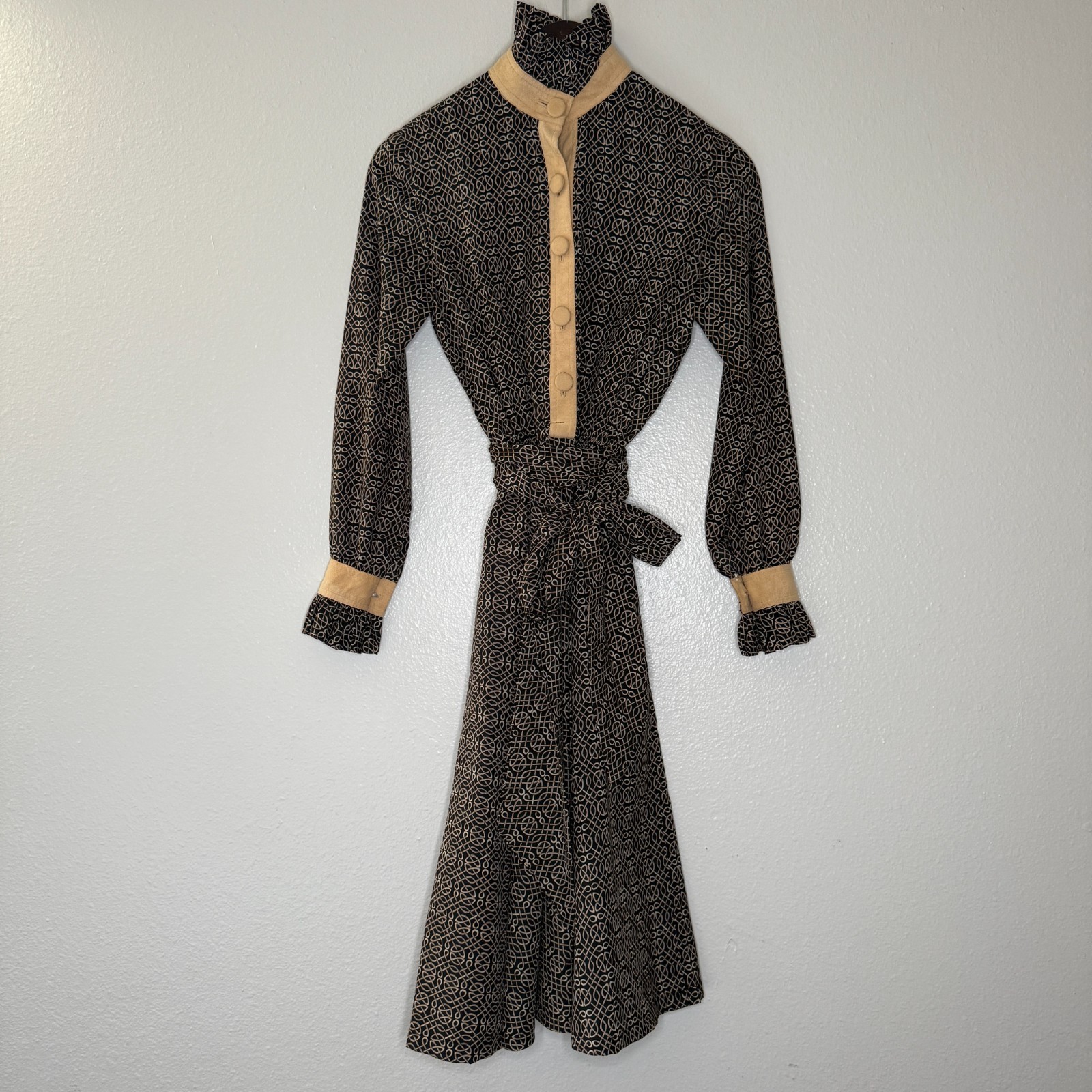 Vintage Shirtdress 70s Lillie Rubin Suede Trimmed Printed Belted High Collar SM