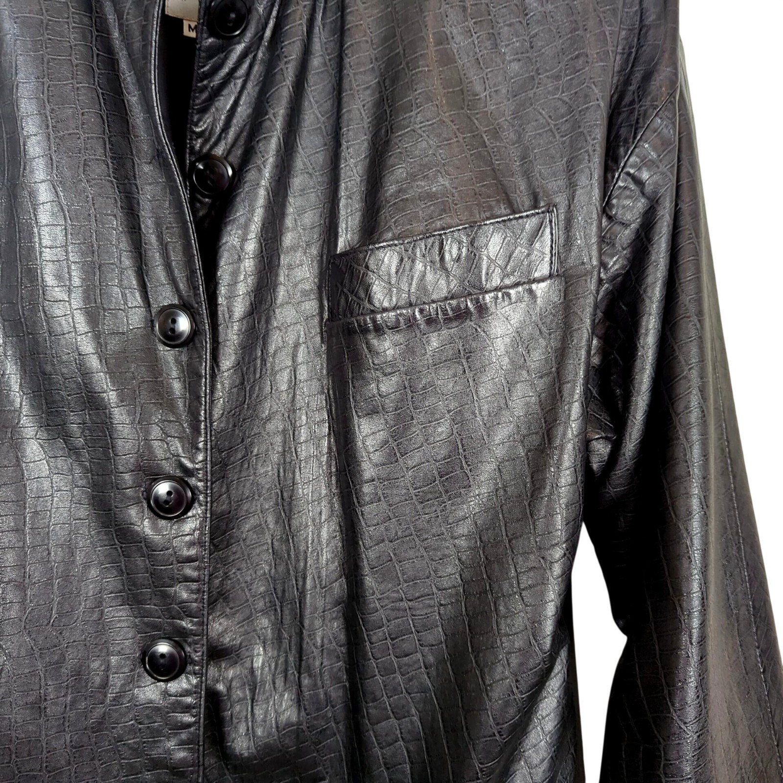 Vintage Vakko Leather Black Jacket Size M Croc Embossed USA Made Button Front
