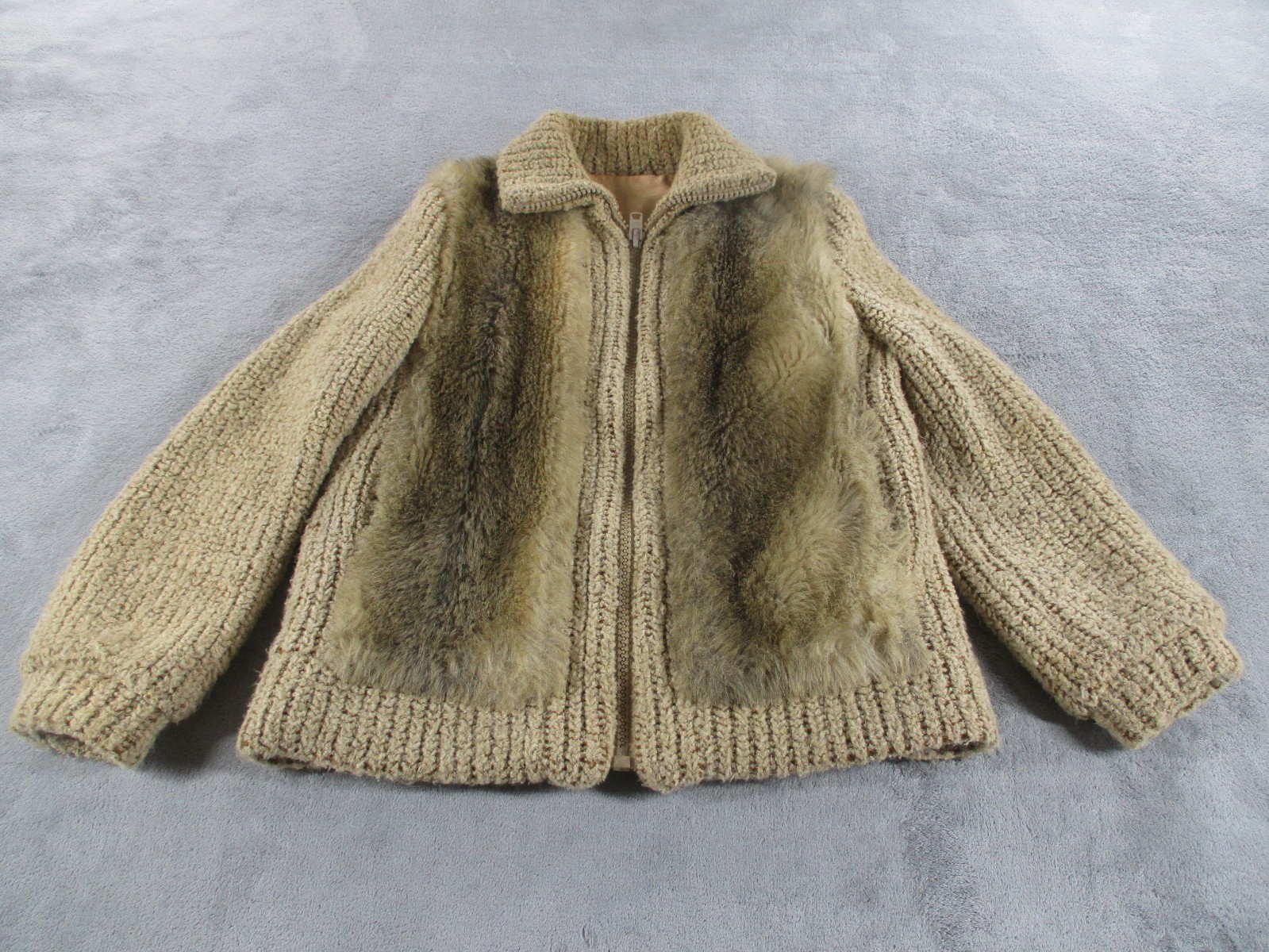 Vintage Lassie Junior Jacket Chunky Knit Faux Fur Beige Womens 70s True Vintage