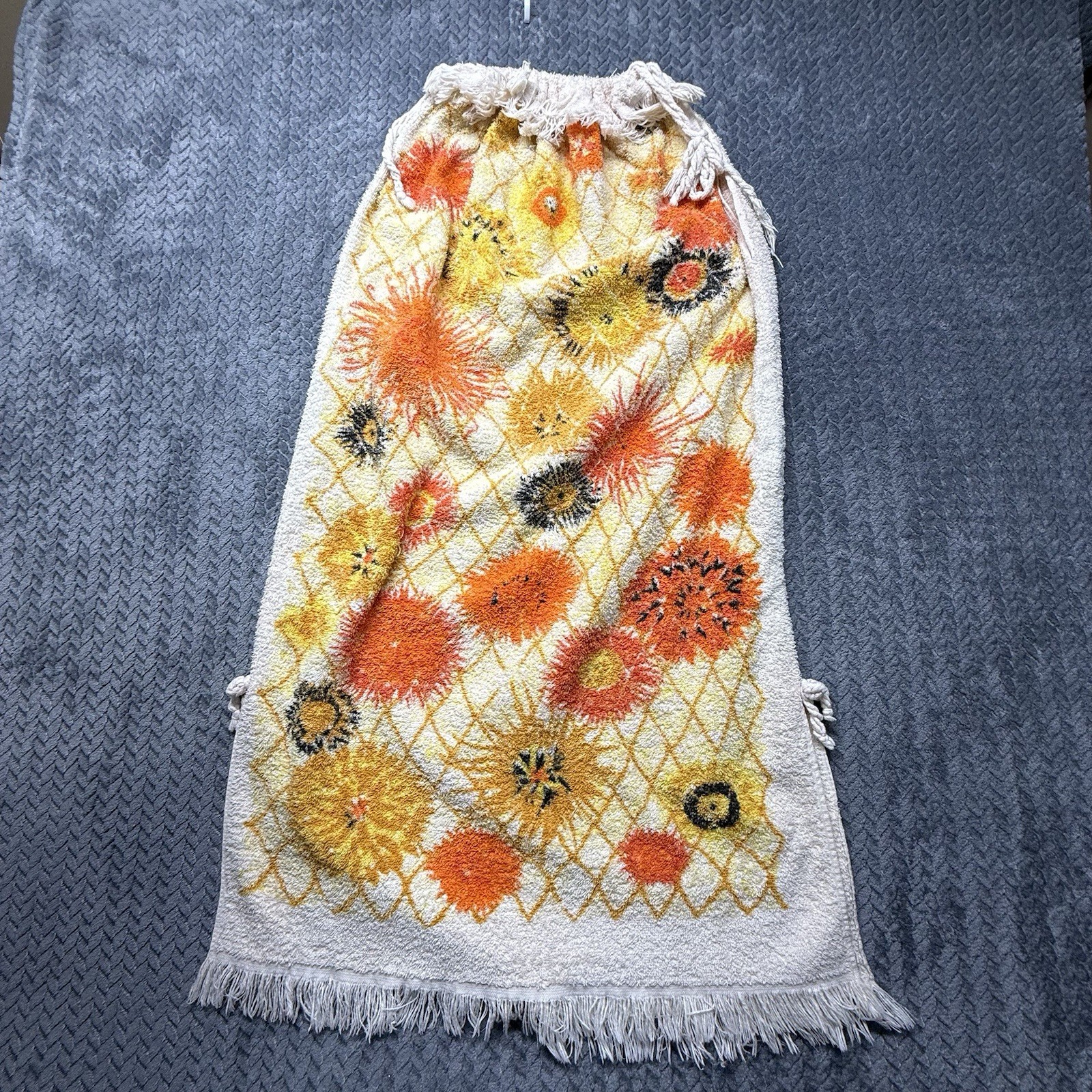 Vtg Terry Cloth Towel Dress Cotton Swim Beach Cover Up Flowers Fringe S/M Cannon