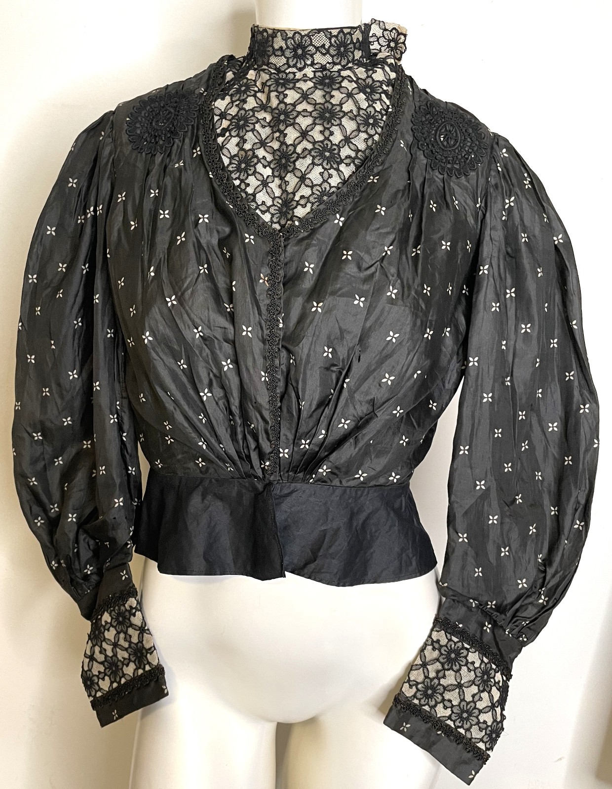 Antique Victorian Black Silk Top Blouse S Bodice Bishop Sleeves Lace Trim Peplum