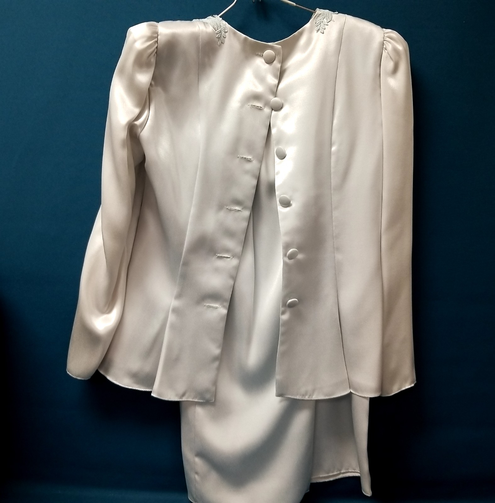 Vtg Patra Blue/Silver Satin Beaded Blouse Top & Skirt Evening Set Women’s Sz 6