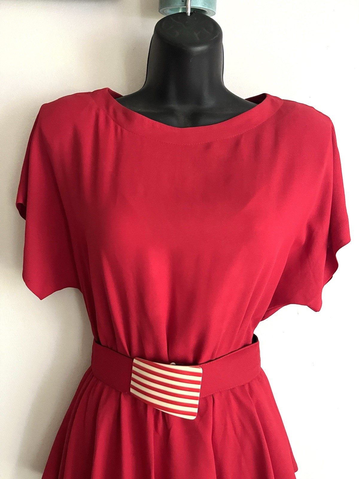 Red Vintage 50’s Peplum Midi Dress with Belt PACINO Womens SMALL