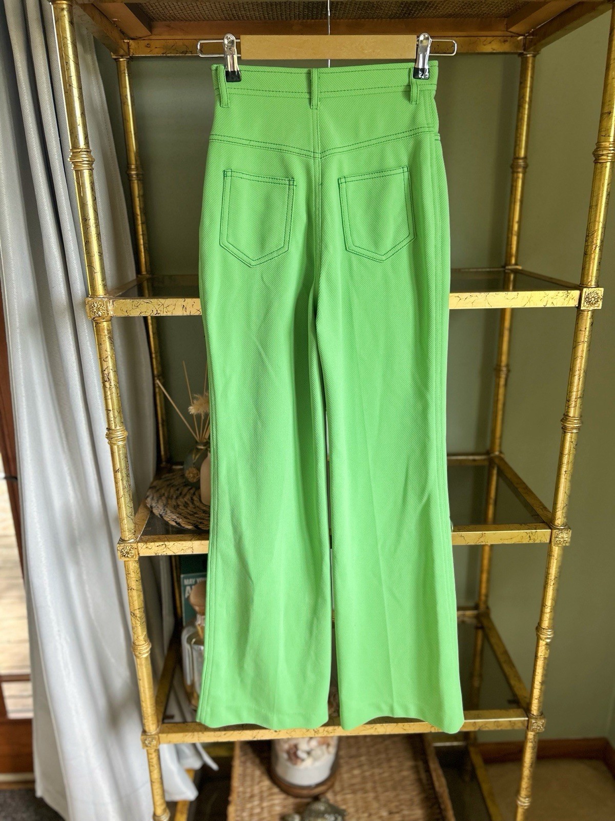 Vintage Spiegel 1970s High Rise Pants Flared Polyester Lime Green Disco Era