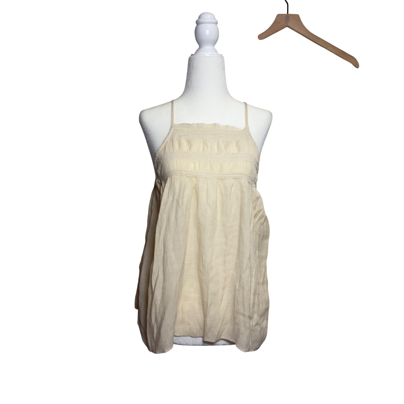 Vintage Gauze Camisole Top Cream Smocked Boho Spaghetti Strap Tank
