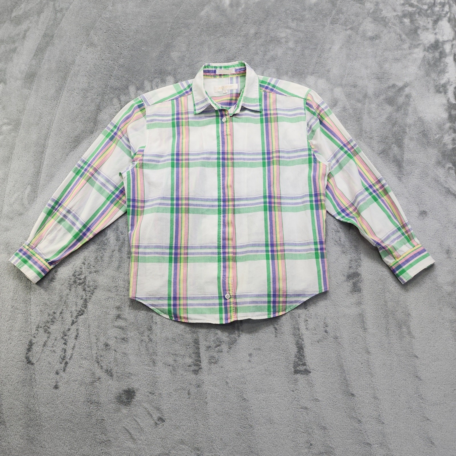 Vintage John Henry Shirt Womens Size 4 White Pastel Plaid Long Sleeve Cotton