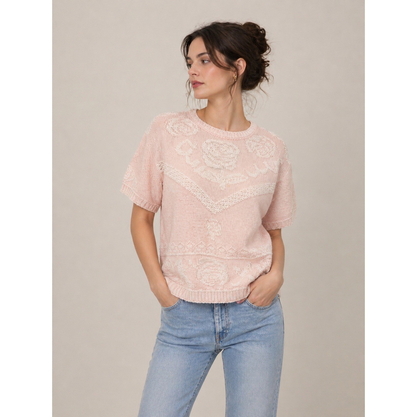 Across America Knit Sweater Vintage Coquette Cottagecore Pink Cotton Blend M/L
