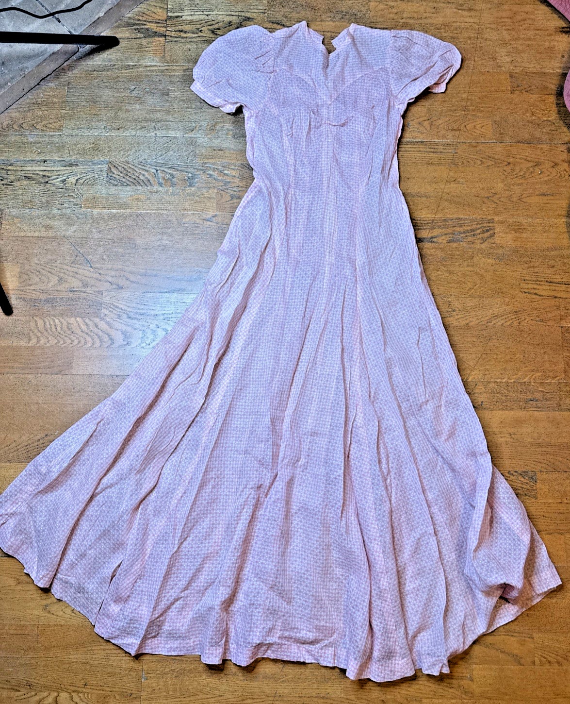 Vtg 1940s Pink Gingham Swiss Dot Day Dress Metal Zipper Puffy Sleeve Wide Sweep