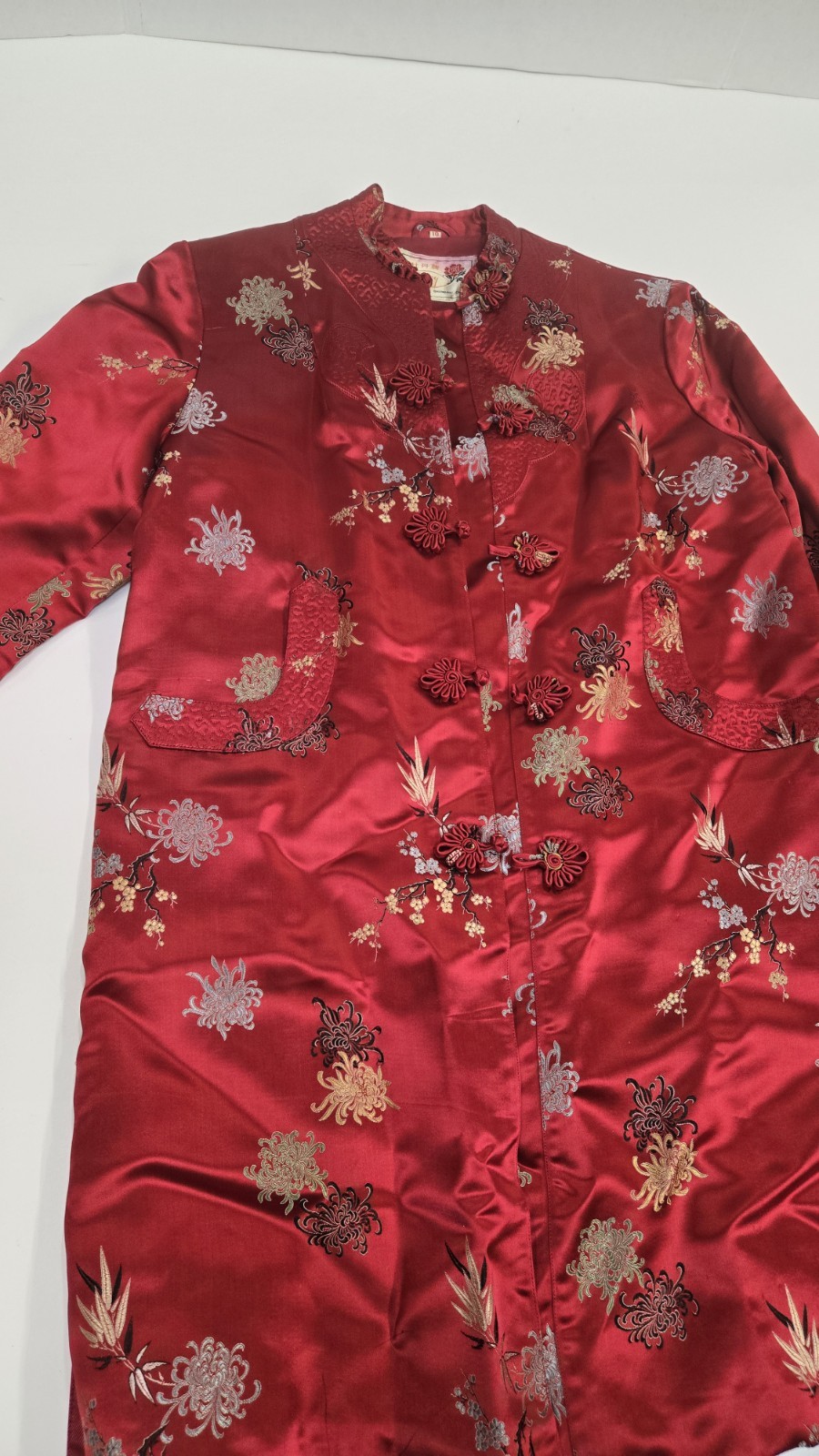 Vtg Peony Brand Shanghai China Red Silk Floral Jacquard Quilted Tang Jacket 10