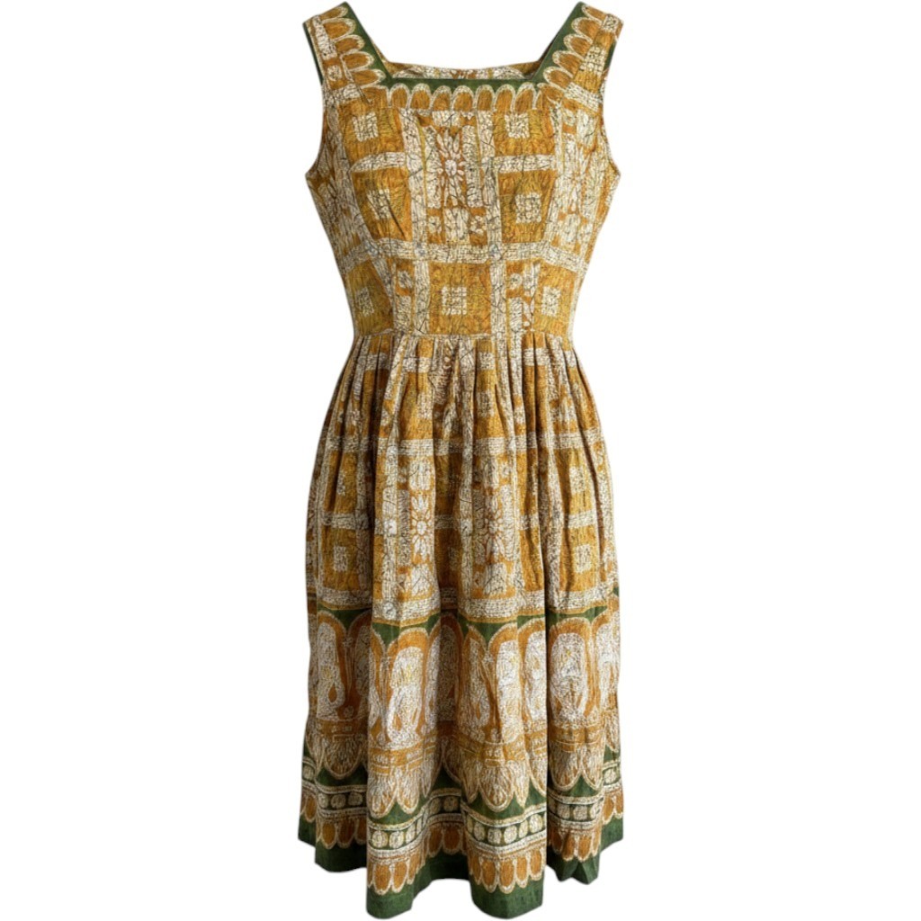 Vintage Batik Block Print Midi Dress Mustard Yellow Green Square Neck Sleeveless