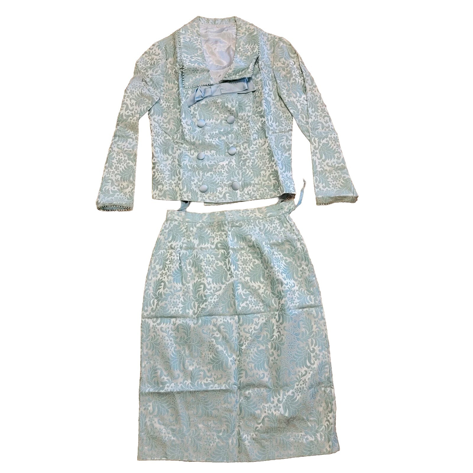 Vintage Mid-century, Two Piece Dress, Turquoise / Teal, Floral Design, X Small