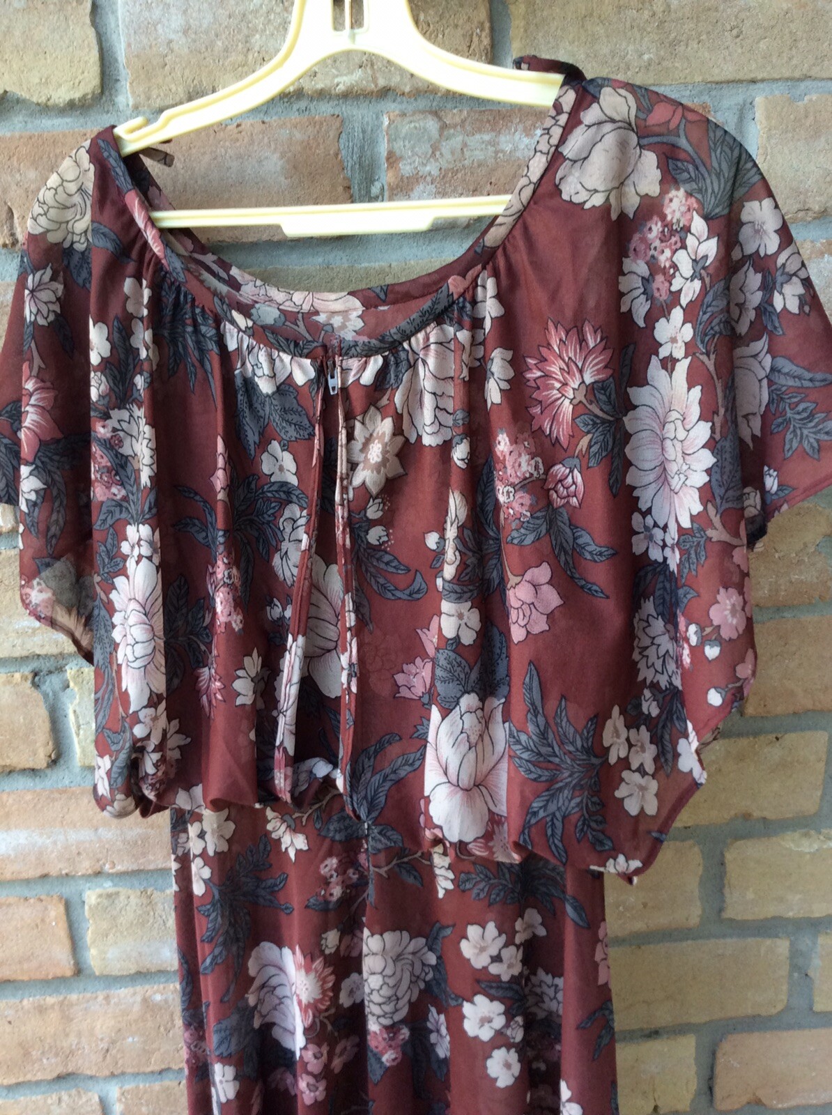 VTG 70s Tracy Floral Earth Tones Secretary Dress XS? Cape Flutter Disco 25″W