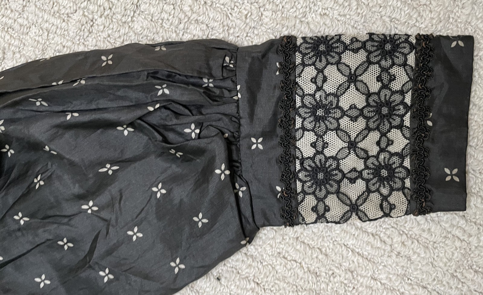 Antique Victorian Black Silk Top Blouse S Bodice Bishop Sleeves Lace Trim Peplum