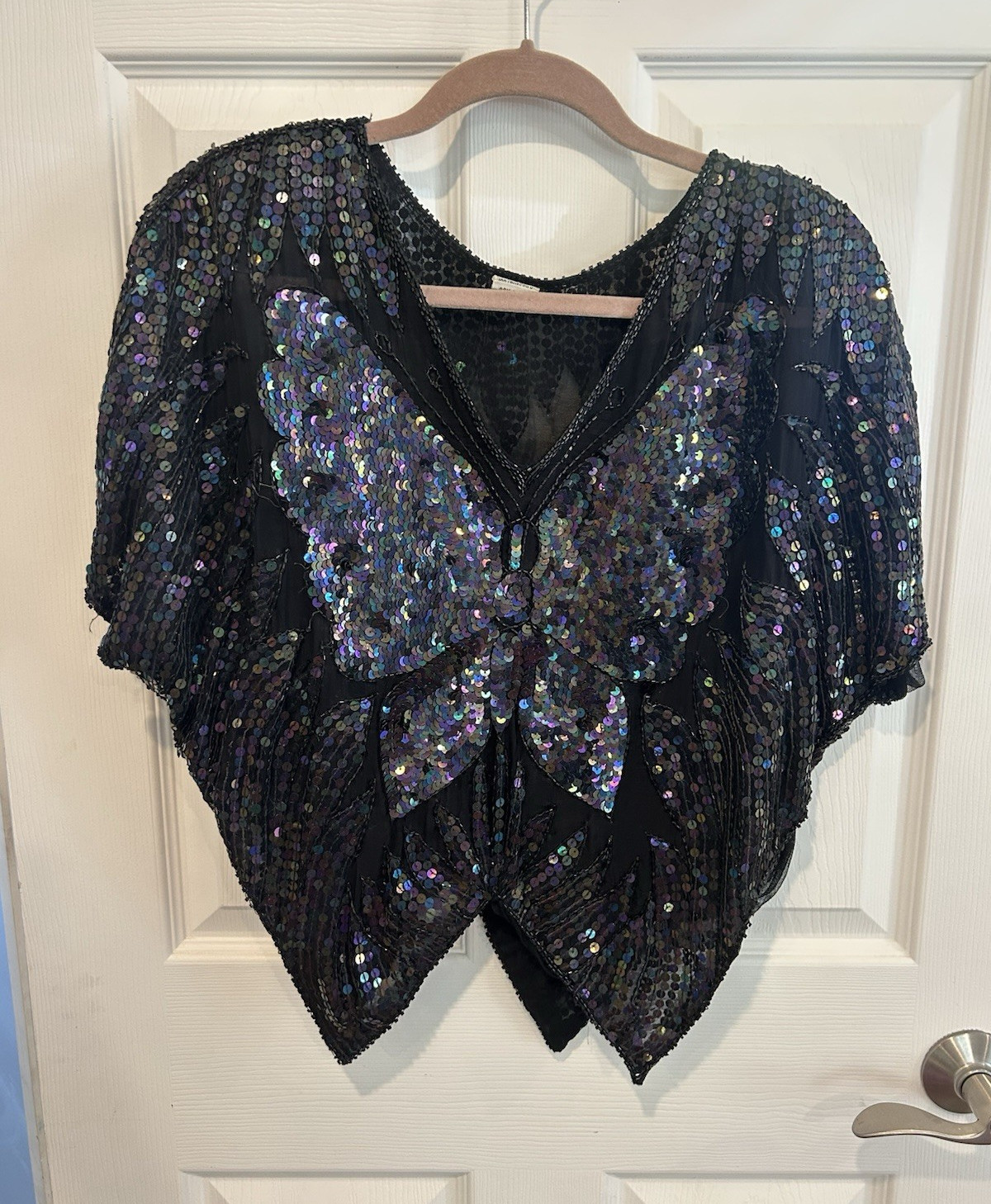 Pure Silk Black Sequin Beaded Butterfly V-Neck Dolman Sleeve Blouse One Size