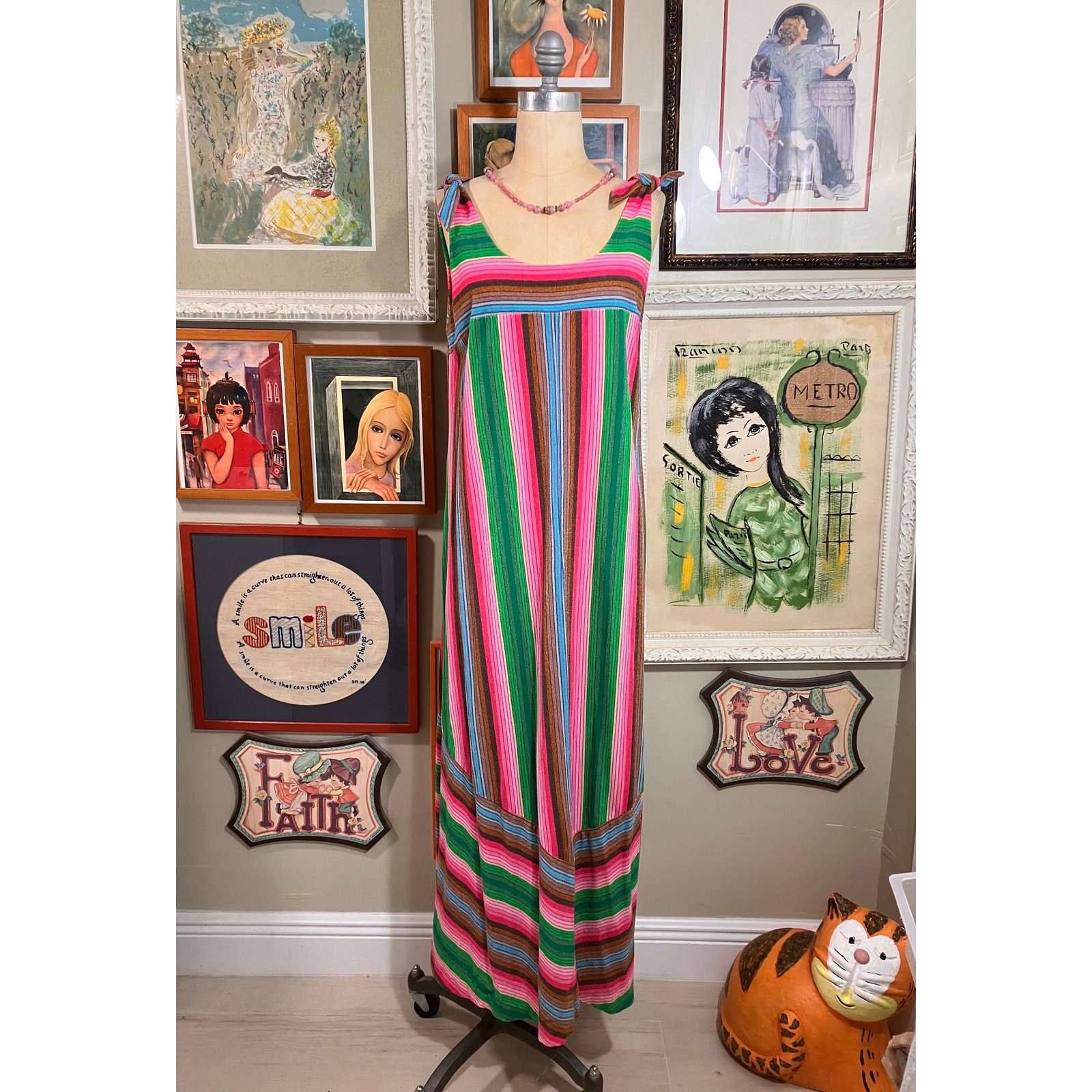1970s Wildcrest Caftan Dress Rainbow Stripe Lounge Gown Sleeveless Shoulder Ties