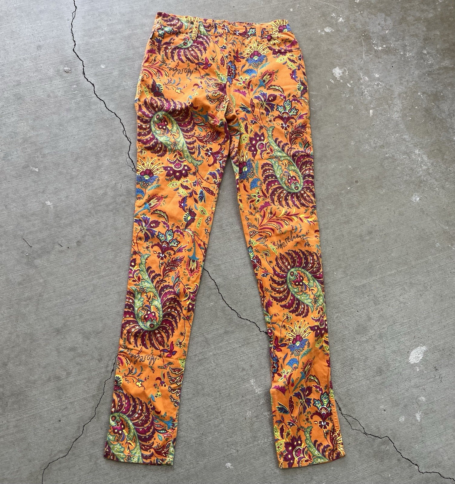 Moschino Donna Orange Paisley Pattern Pants. Sz 26″ waist
