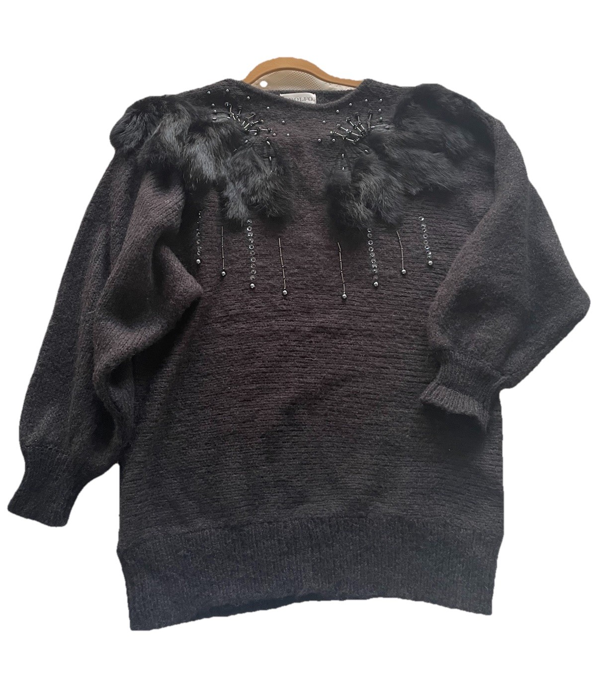 VTG Adolfo Collectibles Black Pullover Sweater Faux Fur Trim Beaded Size S 80s