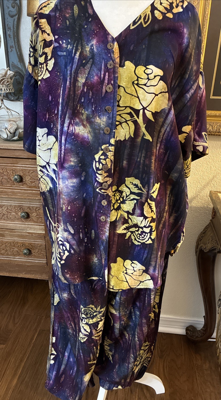 Young Fashion Vintage Hand Batik, Long Draped Jacket & Pants Set One Size