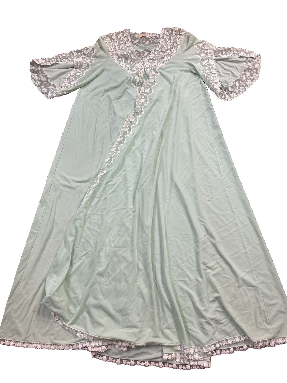 Long 55″ Nightgown Lace Satin Saks 100% Nailon Fifth Avenue with 2 buttons Lt Gr