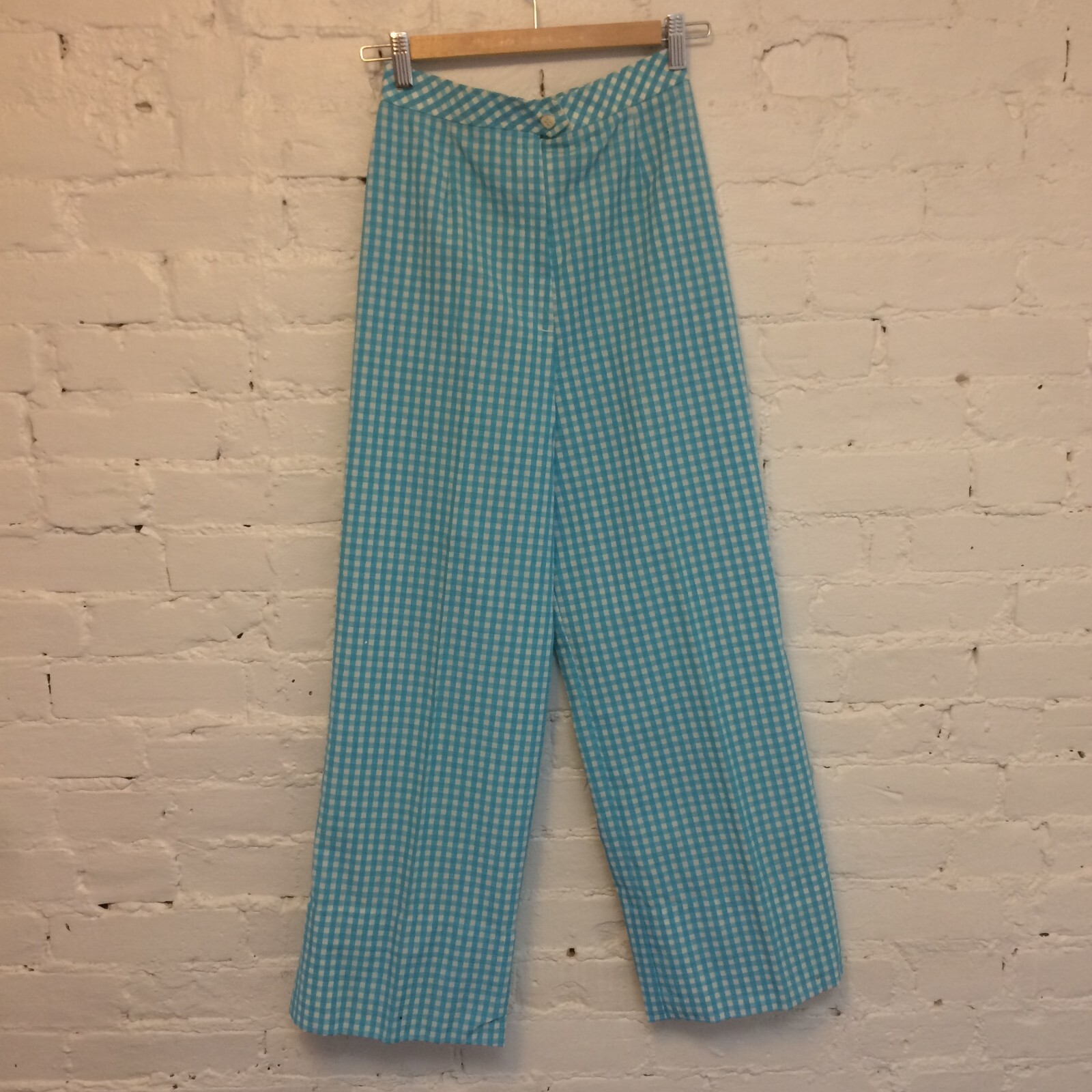 Sears VTG 70s cropped wide leg high waist cotton gingham pants blue Xs Mod