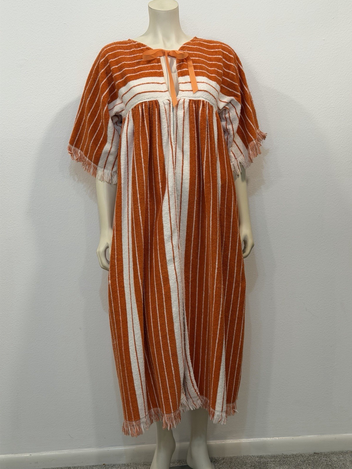 Vintage 60s Terrycloth Towel Dress Coverup Caftan Orange & White Fringe Sz S