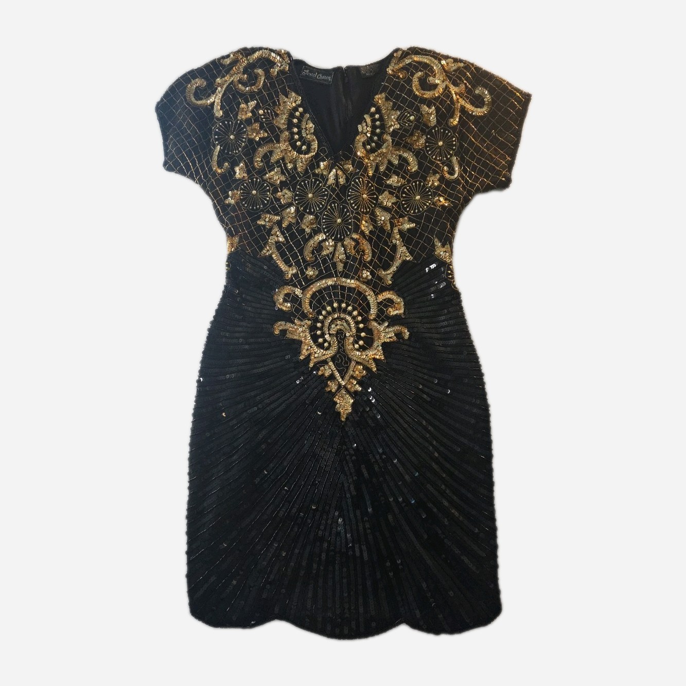 Vintage Black & Gold Bead/Sequin 100% Silk Jewel Queen Dress – Size M